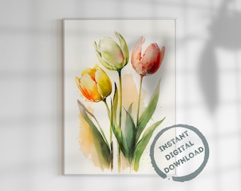 Spring Flowers, Printable Wall Art, Watercolor, Hello Spring, Spring Decor, Tulips, Digital Download, Digital Prints, DIY Prints, AI Art