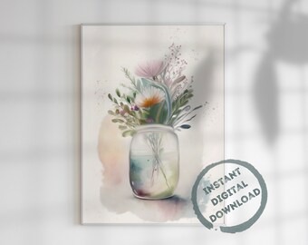 Spring Flowers, Printable Wall Art, Watercolor, Hello Spring, Spring Decor, Chamomile, Digital Download, Digital Prints, DIY Prints, AI Art