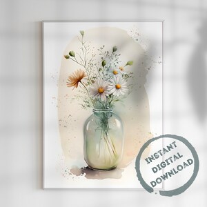 Spring Flowers, Printable Wall Art, Watercolor, Hello Spring, Spring Decor, Chamomille, Digital Download, Digital Prints, DIY Prints, AI Art