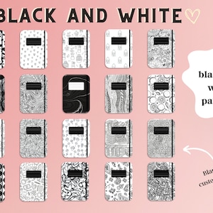 Pu&ograve; includere: Venti motivi in bianco e nero per copertine di quaderni. I motivi includono forme geometriche, vortici e disegni astratti. C'&egrave; anche una copertina vuota per la personalizzazione.