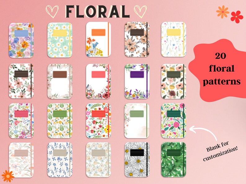 Pu&ograve; includere: Venti motivi floreali per planner, diari o altri lavoretti di carta. Ogni motivo &egrave; un diverso design floreale con uno spazio vuoto per la personalizzazione.