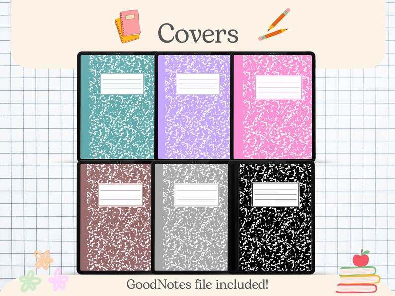 May include: Six digital notebook covers with a classic composition notebook design. The covers are in various colors, including teal, purple, pink, brown, gray, and black. The text "GoodNotes file included!" is at the bottom of the image.