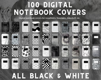 100 copertine Goodnotes, copertina per taccuino digitale, copertina per taccuino con motivi, copertina notabilità, copertina per pianificatore digitale, copertine in bianco e nero, nota