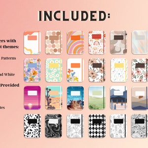 Pu&ograve; includere: Una collezione di 80 copertine per quaderni digitali in vari temi, tra cui motivi colorati, disegni floreali, paesaggi panoramici e illustrazioni in bianco e nero. Le copertine sono disponibili nei formati PDF, PNG e GoodNotes.