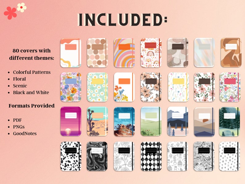 Pu&ograve; includere: Una collezione di 80 copertine per quaderni digitali in vari temi, tra cui motivi colorati, disegni floreali, paesaggi panoramici e illustrazioni in bianco e nero. Le copertine sono disponibili nei formati PDF, PNG e GoodNotes.