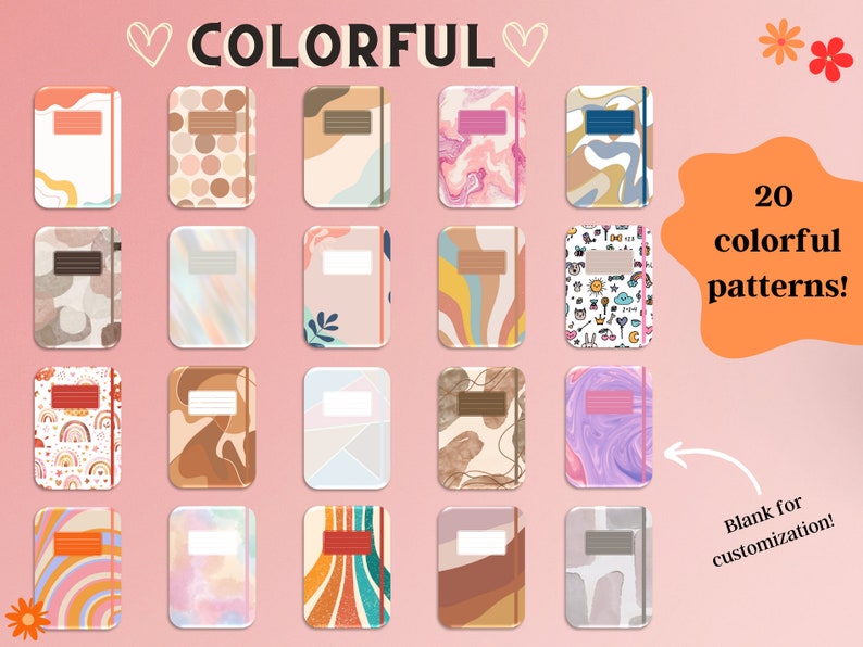 Pu&ograve; includere: Venti disegni di copertina per quaderni colorati con una copertina vuota per la personalizzazione. I disegni includono motivi astratti, forme geometriche e illustrazioni fantasiose.