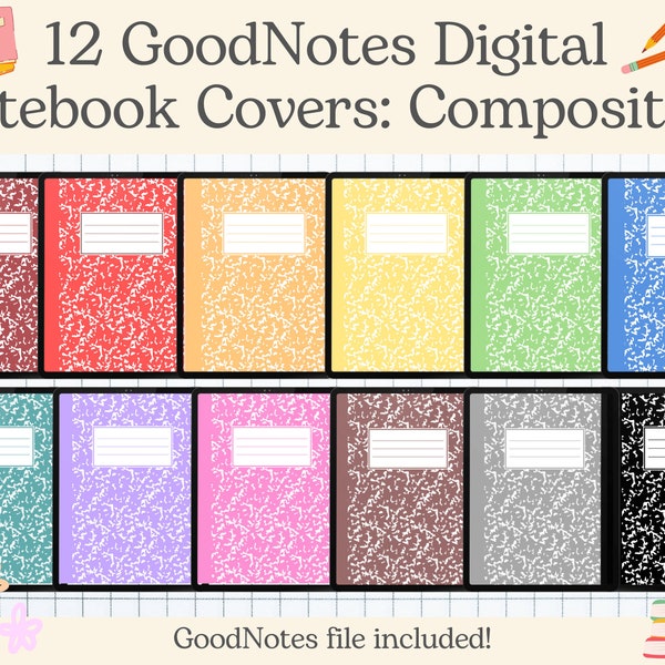 12 Goodnotes Covers, digital notebook cover, composition notebook cover, notability cover, digital planner cover, colorful notebook cover