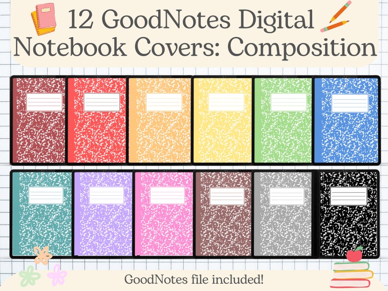 May include: Twelve digital notebook covers for GoodNotes app. The covers feature a composition notebook style with various colors including red, blue, green, yellow, purple, pink, brown, gray, and black. The covers are designed to be used with the GoodNotes app.