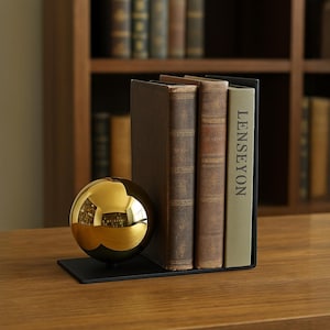 Golden Sphere Bookend | Modern Iron Book Holder | Minimalist Shelf Decor | Office Desk Organiser | Bold Geometric Bookend for Home Library