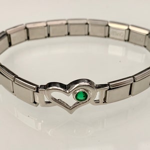 Heart with Green Stone charm with a 16 link Italian charm bracelet 9mm Italian Charms Stainless Steel  (M)