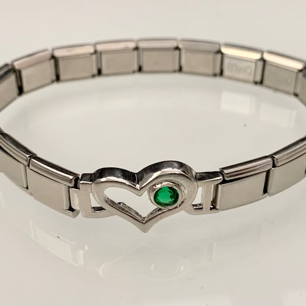 Heart with Green Stone charm with a 16 link Italian charm bracelet 9mm Italian Charms Stainless Steel  (M)