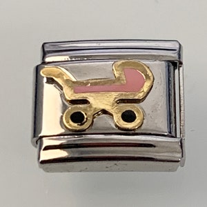 Pink Carriage 9mm Italian Charm for Italian Charm Bracelets Stainless Steel 18K Gold Over Stainless (B)