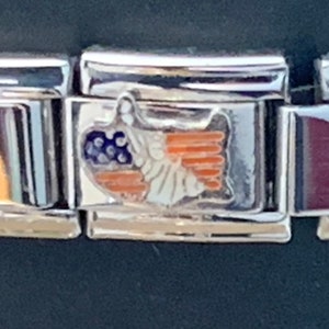 May include: A silver charm bracelet with a charm featuring an American flag design. The flag is red, white, and blue with stars and stripes.