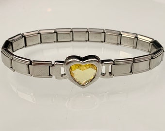 Hart met gele steen bedel met een Italiaanse bedelarmband met 16 schakels 9 mm Italian Charms Stainless Steel (M)