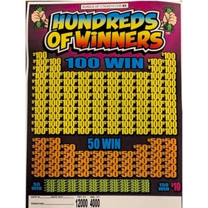 May include: A lottery ticket with the words "Hundreds of Winners" in a colorful font. The ticket has a grid of numbers, with 100 win and 50 win options. The ticket also has a $10 win option.