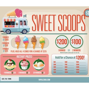 May include: A colorful illustration of an ice cream truck with the words "Sweet Scoops" and a $1 price tag. The image shows four ice cream cones with different flavors and a prize chart with instant prizes and a chance to win $200.