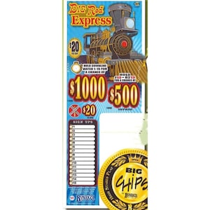 May include: A lottery ticket with a cartoon train engine on the front. The ticket is for the "Big Red Express" game and offers a chance to win $1,000 or $500. The ticket costs $20.