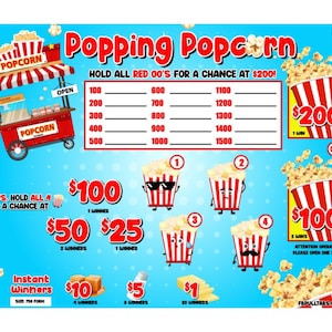 May include: A colorful game card with a popcorn theme. The card features a red and white popcorn cart, a grid of numbers, and four cartoon popcorn buckets. The text on the card reads "Popping Popcorn" and "Hold all red 00's for a chance at $200!"  The card also shows different prize amounts, including $100, $50, $25, $10, $5, and $1.