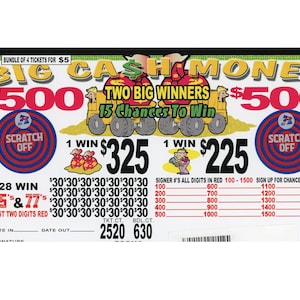 May include: A lottery ticket with a cartoon image of a truck carrying bags of money. The ticket is called "Big Cash Money" and offers two big winners with 15 chances to win. The ticket has a scratch-off area and a table of numbers for matching.