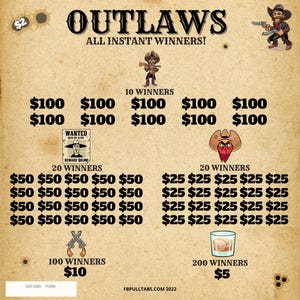 May include: A vintage-style poster with a Western theme, advertising "Outlaws" instant win tickets. The poster features cartoon cowboys and a variety of cash prizes, including $2, $5, $10, $25, $50, and $100.