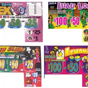 May include: A collection of four scratch-off lottery tickets with various themes. The tickets feature bold text and cartoon graphics, including "Better Than Sex," "Luau Loot," "Doggy Style," and "LemonAid." Each ticket offers different prize amounts.