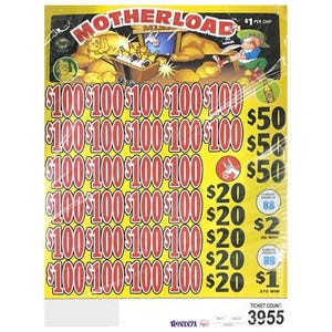 May include: A yellow scratch-off ticket with the title "MOTHERLOAD" at the top. The ticket features illustrations of miners and gold, with multiple rows of prize amounts in red. The ticket count is 3955.