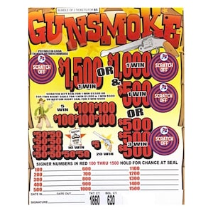 May include: A Gunsmoke scratch-off ticket with a cowboy theme. The ticket features a revolver graphic, the text "$1,500 or $1,000" and "$500". The ticket also has scratch-off areas and the text "Bundle of 3 tickets for $5".