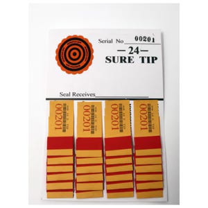 May include: A white card with a red and orange circular seal and the text "Serial No. 00201 - 24 - SURE TIP." Below are four yellow and red tickets with the number "00201" printed on them. The tickets have a barcode and the text "24 - TIP".