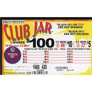 May include: A red, yellow, and blue lottery ticket with the text "Club Jar" and "1 Winner $100". The ticket has a scratch-off area and a list of numbers from 100 to 1500.