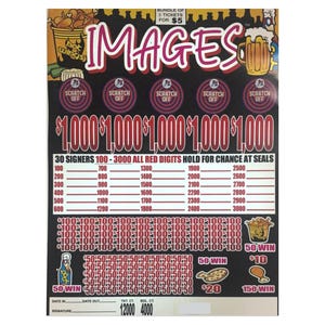 May include: A lottery ticket with the word "IMAGES" in a stylized font. The ticket features multiple scratch-off areas, with text indicating potential winnings of $1,000. Additional text includes "Hot Wings" and a beer mug graphic.
