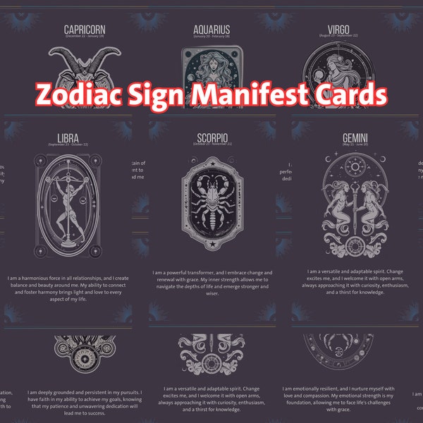 Printable 12 Tarot Cards with Zodiac Signs - Manifestation & Motivation - Daily Guidance - Instant Download