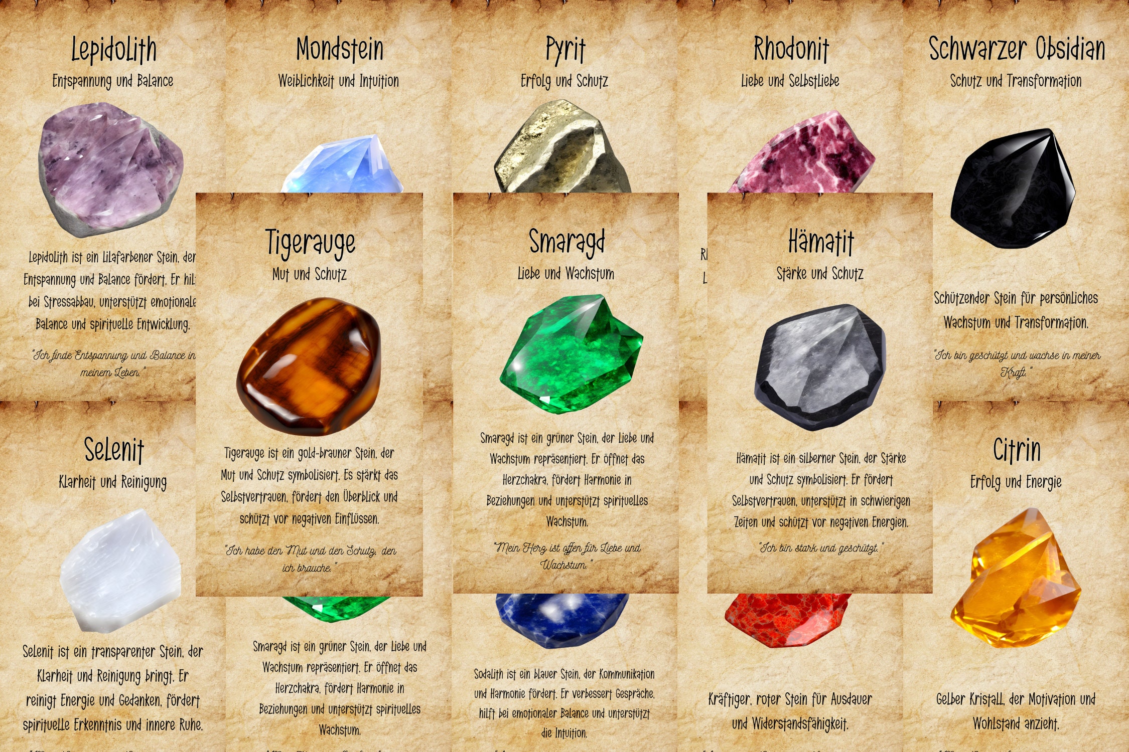 20 Crystal Meaning Cards Watercolor Drawn Energy Cards Printable