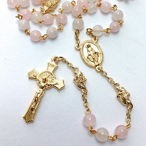 Rose Quartz and Snow Quartz Miraculous Medal Rosary | Saint Benedict Crucifix | Gold Rose Bud Connectors | Gold | Handmade Heirloom