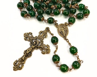 Green Agate Miraculous Medal Rosary | Fleur-Di-Lis Crucifix | Bronze | Handmade Heirloom