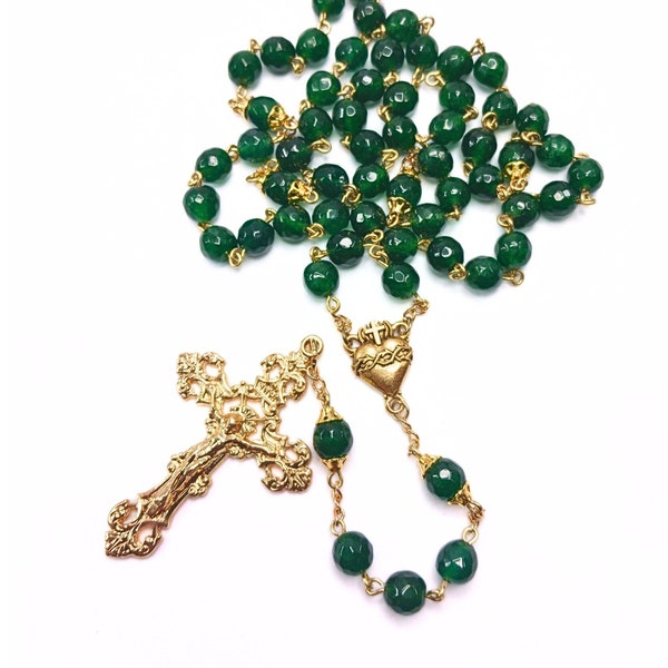 Faceted Emeralds Jade Sacred Heart Rosary | Fleur-Di-Lis Crucifix | Gold | Handmade Heirloom