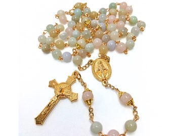 Rosaire Médaille Miraculeuse Morganite | Crucifix de Saint Benoît | Or | Héritage fait à la main