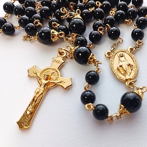 Black Agate Miraculous Medal Rosary | Saint Benedict Crucifix | Gold | Handmade Heirloom