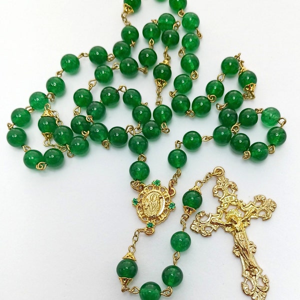 Green Jade Saint Patrick Rosary | Fleur-de-Lis Crucifix | Gold | Handmade Heirloom Rosary