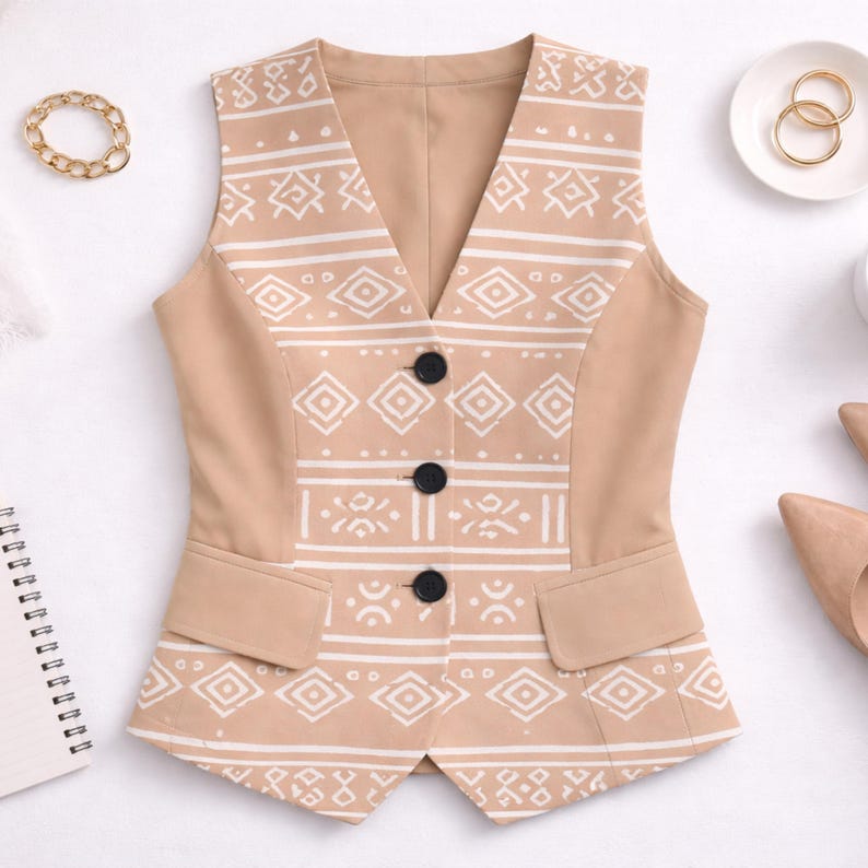 K&ouml;nnte beinhalten: Eine beige Weste mit wei&szlig;em geometrischen Muster und schwarzen Kn&ouml;pfen. Die &auml;rmellose Weste hat einen V-Ausschnitt und zwei kleine Taschen. Das Kleidungsst&uuml;ck ist aus einem gewebten Stoff gefertigt. Die Weste wird auf einer wei&szlig;en Oberfl&auml;che pr&auml;sentiert.