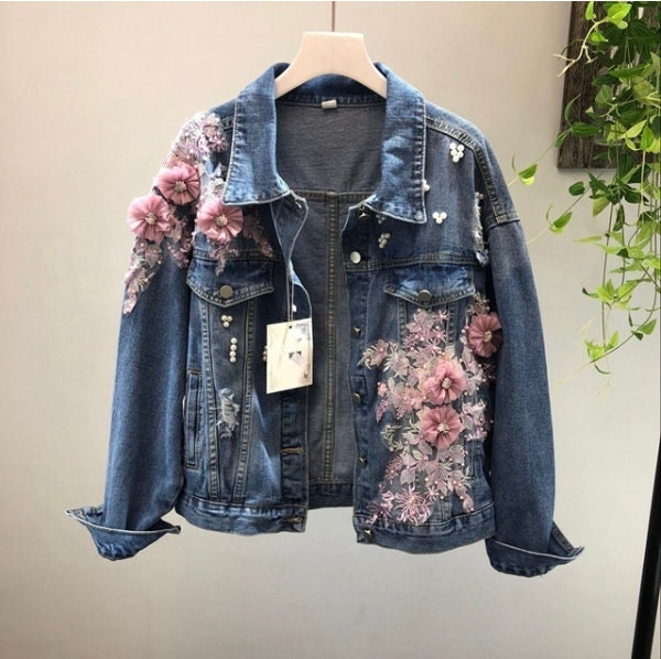 Women's Retro Chic Bohemian Textured Flowers Denim Jacket - Etsy