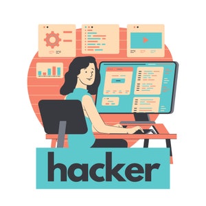 Könnte beinhalten: Eine Frau sitzt an einem Computer mit mehreren Bildschirmen, auf denen Code, Diagramme und ein Videoplayer angezeigt werden. Der Text "hacker" wird in einem blauen Kasten unter dem Bild angezeigt.