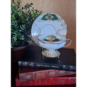 Royal Sealy Cream & Green with Gold Lusterware Footed Cup and Saucer Set