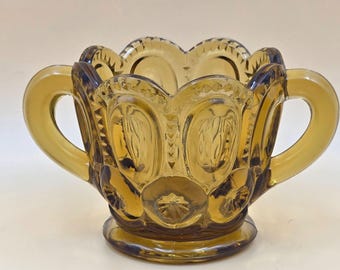 L E Smith Moon and Star Amber Glass Open Sugar Bowl Double Handle Vintage