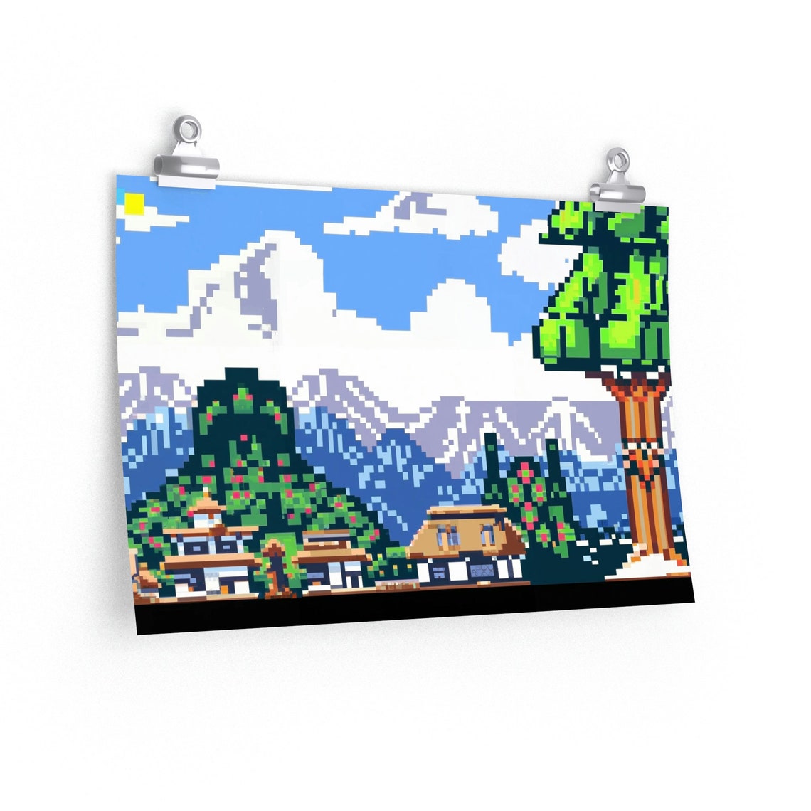Japanese Village Poster, Video Game Pixel Art, Kyoto Village Print, Ancient Japan Wallart, Retro