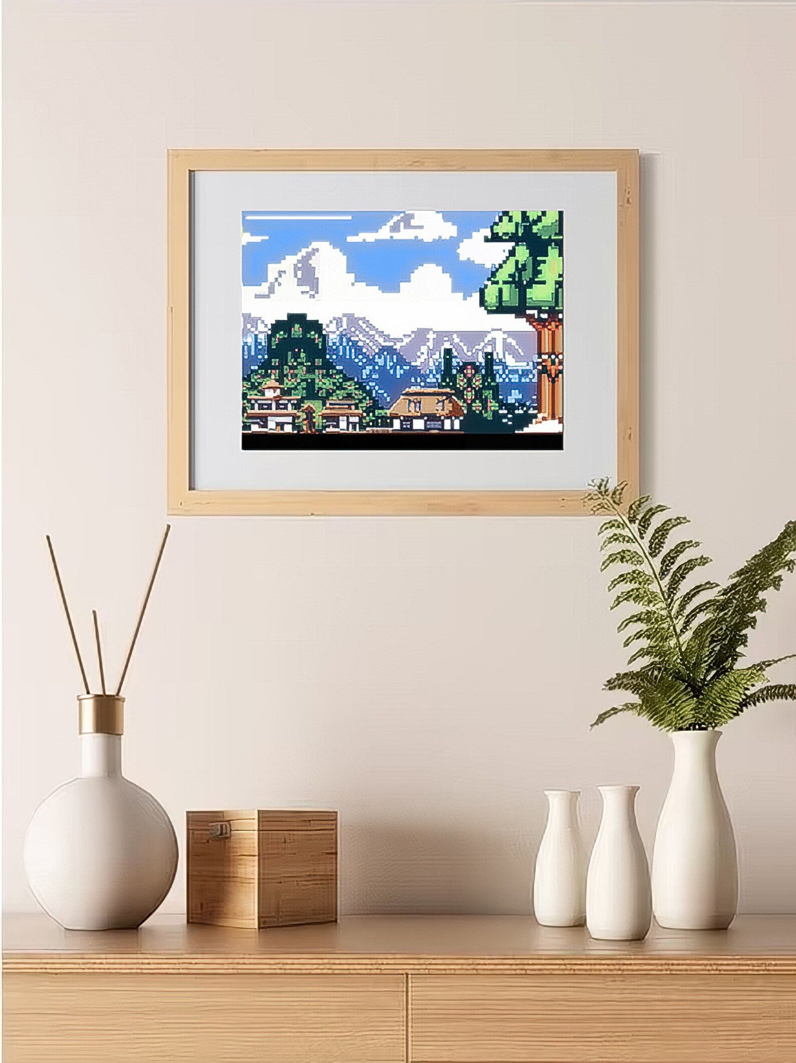 Japanese Village Poster, Video Game Pixel Art, Kyoto Village Print, Ancient Japan Wallart, Retro