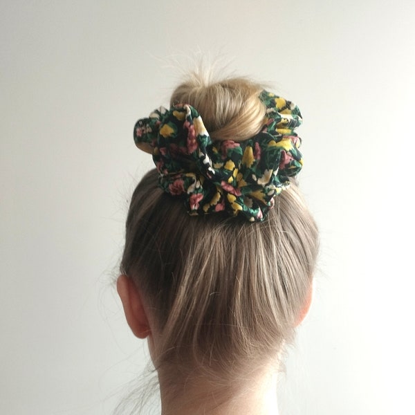 floral scrunchie, slow fashion, feminine fashion, modesty, hair accessories, handmade scrunchie