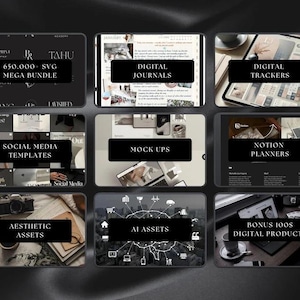May include: A collection of digital products displayed in a grid layout. The products include digital journals, trackers, social media templates, mockups, Notion planners, aesthetic assets, AI assets, and a mega bundle of SVG files.