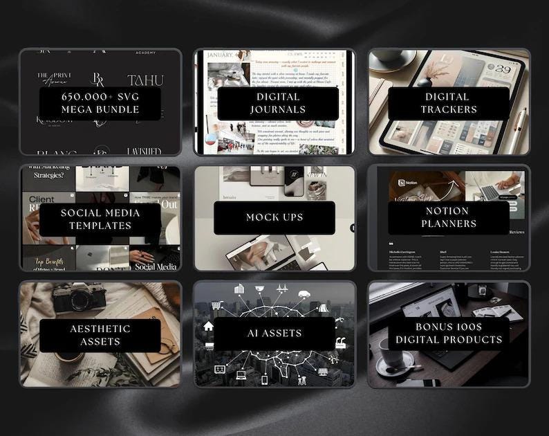 May include: A collection of digital products displayed in a grid layout. The products include digital journals, trackers, social media templates, mockups, Notion planners, aesthetic assets, AI assets, and a mega bundle of SVG files.