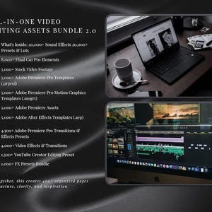 May include: An image promoting an all-in-one video editing assets bundle 2.0. The text lists 20,000+ sound effects, presets, and LUTs, Final Cut Pro elements, stock video footage, Adobe Premiere Pro templates, motion graphics templates, assets, and After Effects templates.
