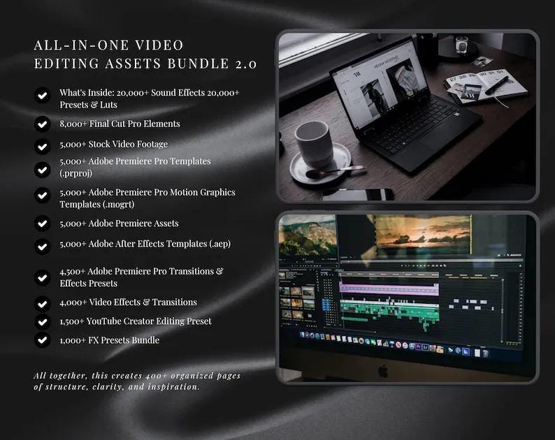 May include: An image promoting an all-in-one video editing assets bundle 2.0. The text lists 20,000+ sound effects, presets, and LUTs, Final Cut Pro elements, stock video footage, Adobe Premiere Pro templates, motion graphics templates, assets, and After Effects templates.